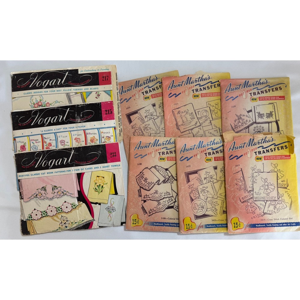 Vintage Lot‎ of 9 Embroidery Transfer Vogart Aunt Martha's Hot Iron Patterns